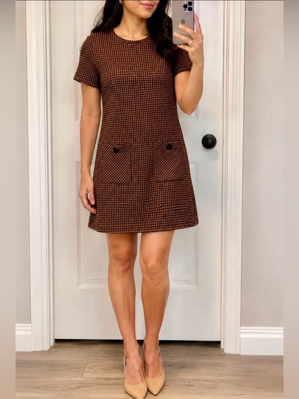 Primark Brown & Black Houndstooth Shift Dress with Pockets - Size 6